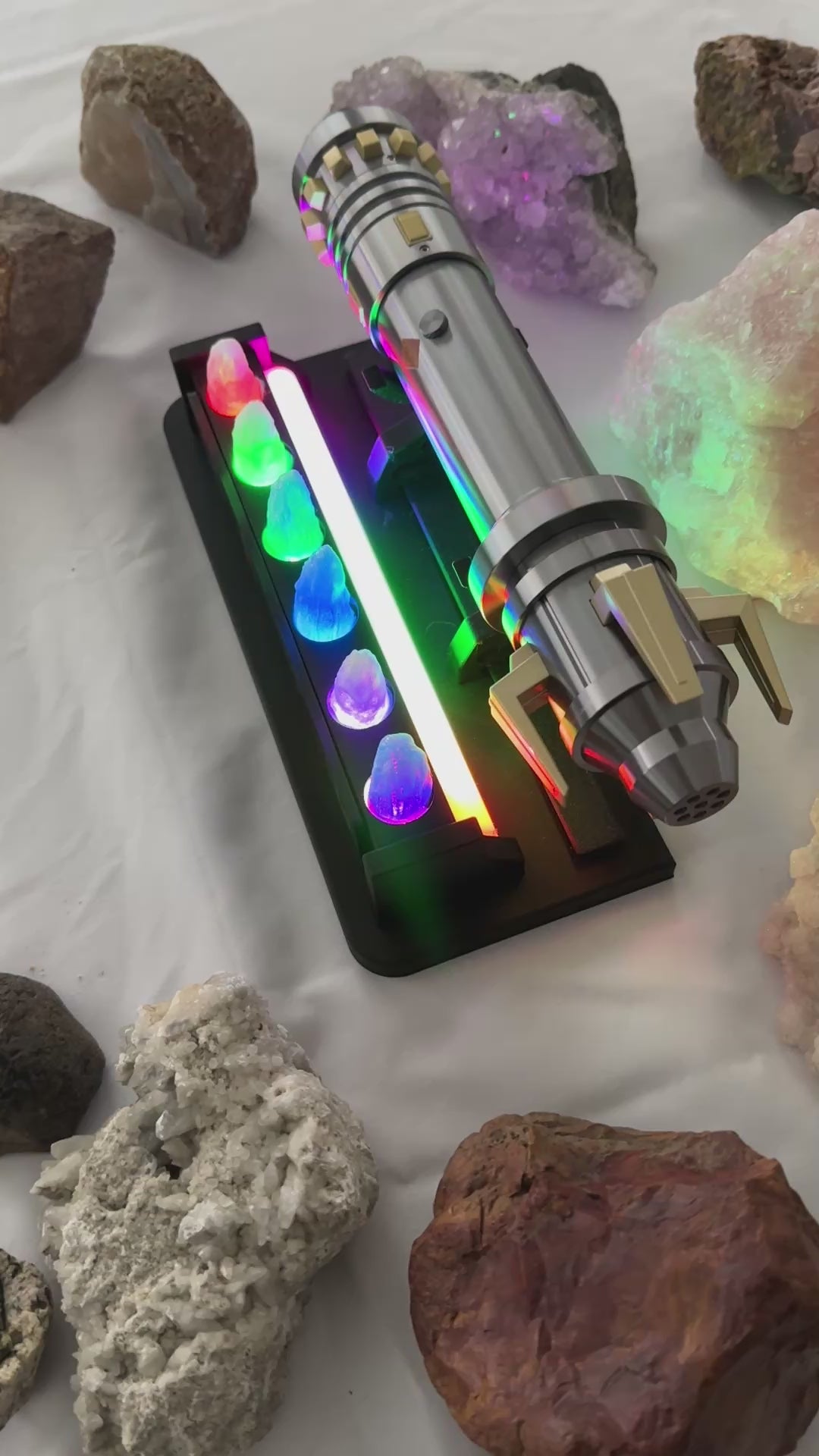 Lightsaber Display Stand with Kyber Crystal Holders and LED lighting